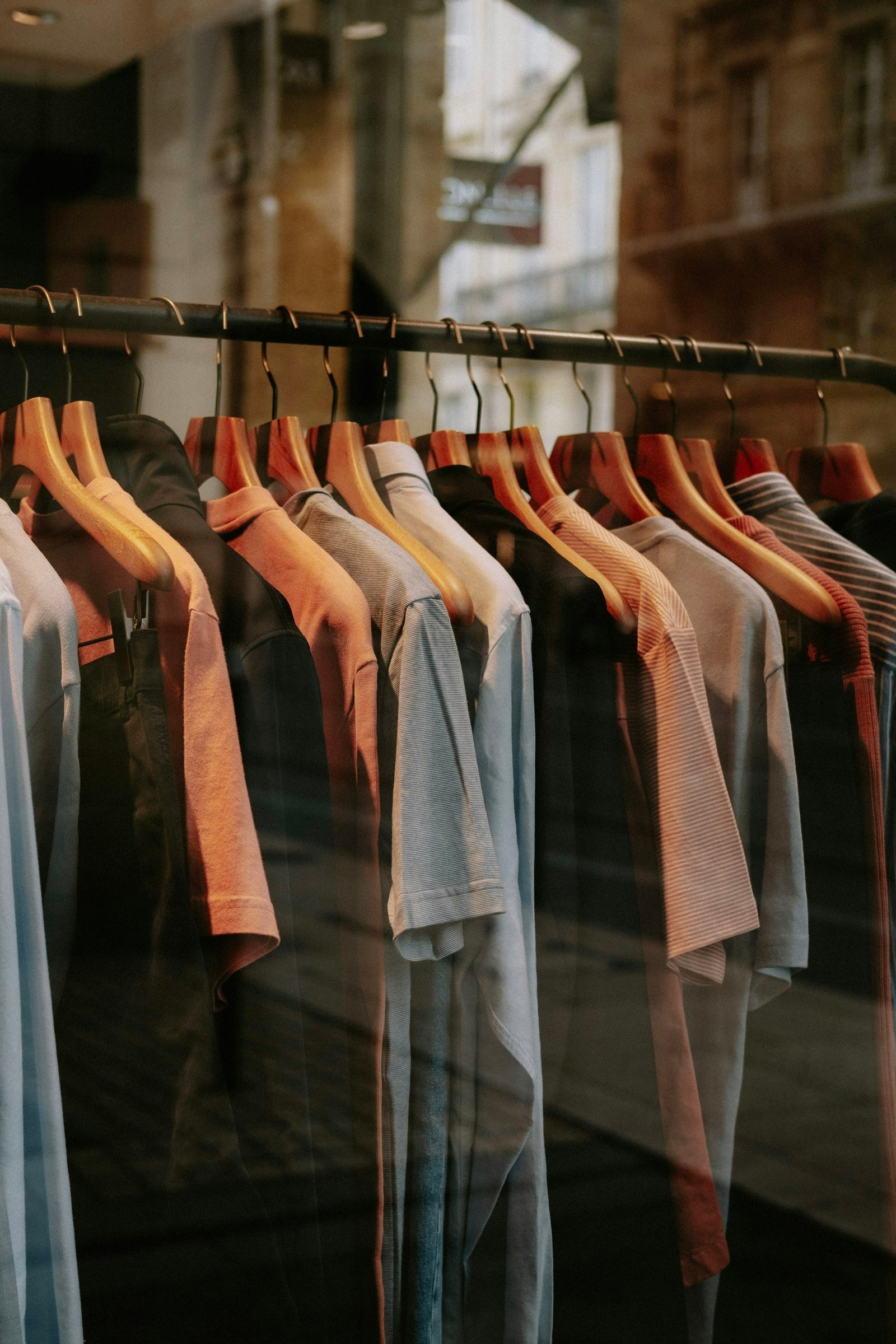 Garments arranged neatly on wooden hangers